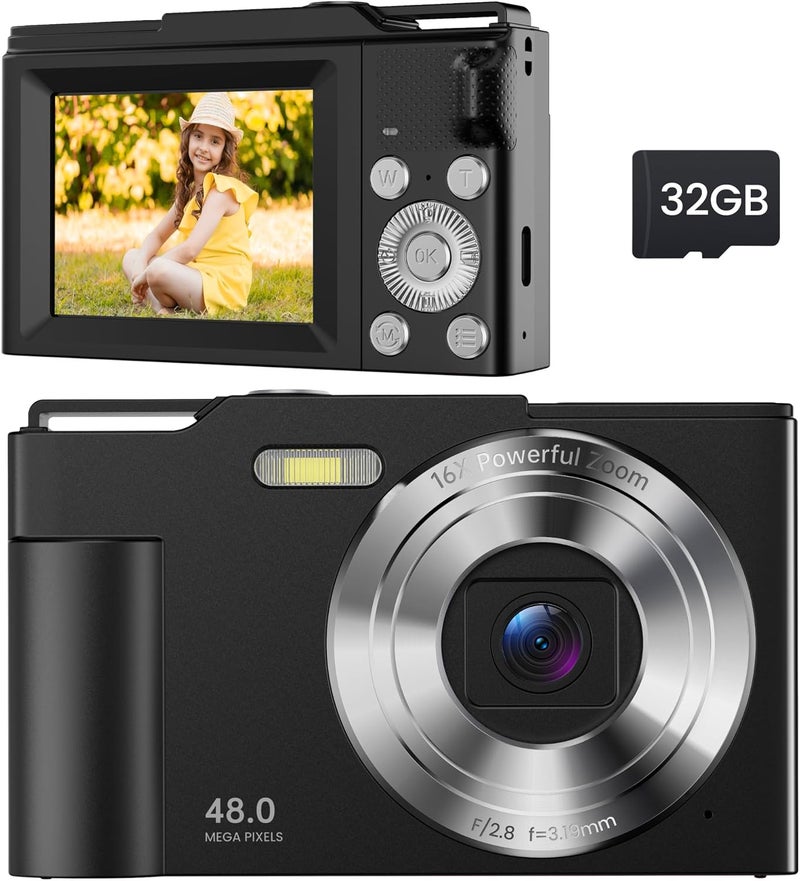 ROQIOO Digital Camera for Kids: Black Camera for Teens - Christmas Birthday Gifts for Boys Girls 8-10 - Toys for Girls 8-13 - Compact Camera for 6 7 8 9 10 Years Old- Toys for Kid Children Toddler - Image 1